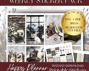 May include: A digital download of a weekly sticker pack for Happy Planner. The pack includes various illustrations, including a skull, rabbit, pumpkins, and floral arrangements. The text includes "Weekly Sticker Pack", "Happy Planner", and "Printable Stickers".