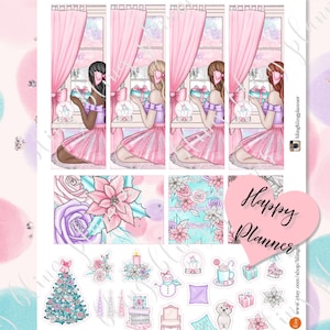 May include: A set of planner stickers featuring a winter theme with girls holding gifts, floral patterns, a Christmas tree, a snowman, a candle, a snow globe, a mug, a pillow, a teddy bear, and a gift box. The text "Happy Planner" is written in a pink heart.