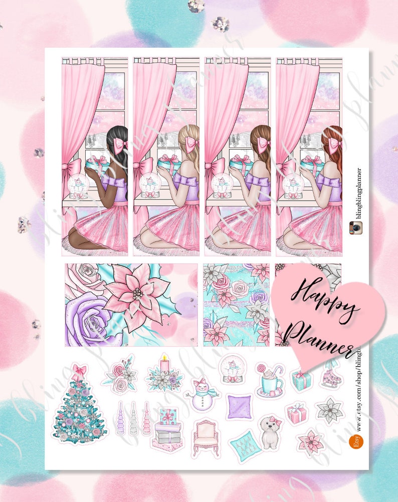 May include: A set of planner stickers featuring a winter theme with girls holding gifts, floral patterns, a Christmas tree, a snowman, a candle, a snow globe, a mug, a pillow, a teddy bear, and a gift box. The text "Happy Planner" is written in a pink heart.