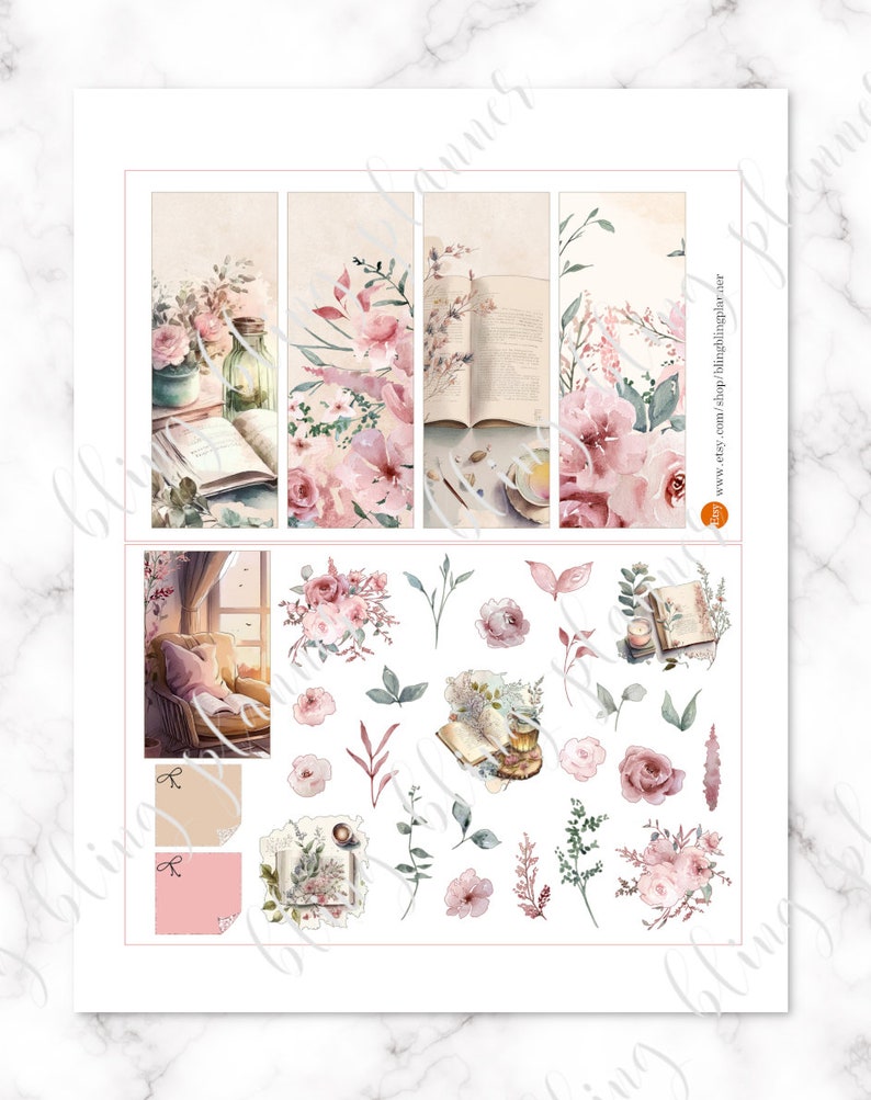 May include: A set of printable planner stickers featuring watercolor illustrations of flowers, books, and a cozy reading nook. The stickers are perfect for adding a touch of whimsy and charm to your planner or journal.