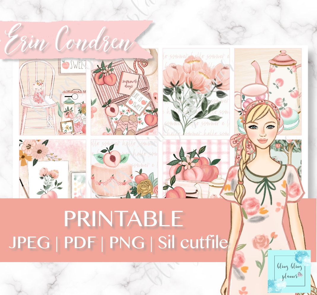 PEACH DRUCKBARE PLANNER-Aufkleber, Sommer-Planer-Kits druckbar, Pfirsich Planer Aufkleber, Pfingstrose Blumenaufkleber, Erin Condren druckbar wöchentlich