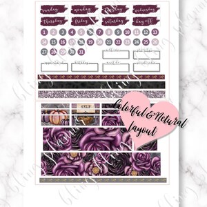 May include: A printable planner sticker sheet with a purple, black, and gold color scheme. The sheet includes a calendar, daily boxes, and decorative elements with a Halloween theme. The text "HELP" is visible on a typewriter.