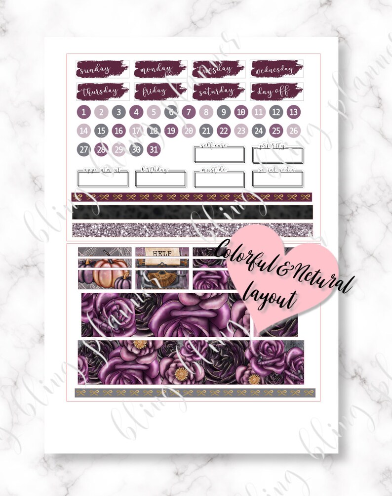 May include: A printable planner sticker sheet with a purple, black, and gold color scheme. The sheet includes a calendar, daily boxes, and decorative elements with a Halloween theme. The text "HELP" is visible on a typewriter.
