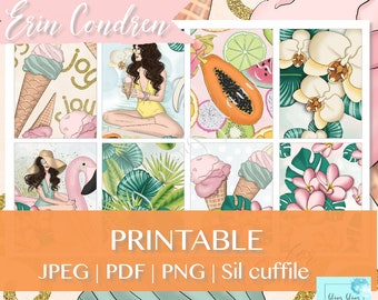 May include: A printable set of digital planner stickers featuring a tropical theme with ice cream cones, fruit, flowers, and a woman in a yellow swimsuit. The text "Erin Condren" and "PRINTABLE" are visible on the image. The text "JPEG | PDF | PNG | Sil cuffile" is also visible on the image.