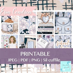 Könnte beinhalten: Druckbare Planer-Aufkleber mit einem Schulthema. Die Aufkleber zeigen ein Mädchen, einen Rucksack, Bücher, Kaffeetassen und einen Spind. Die Aufkleber sind in einem hellblauen, rosa und weißen Farbschema gehalten.