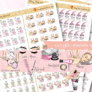 May include: A set of printable stickers for a spa or salon planner. The stickers feature illustrations of spa treatments, including facials, massages, hair styling, manicures, pedicures, and waxing. The stickers are designed in a pink and white color scheme with gold accents.