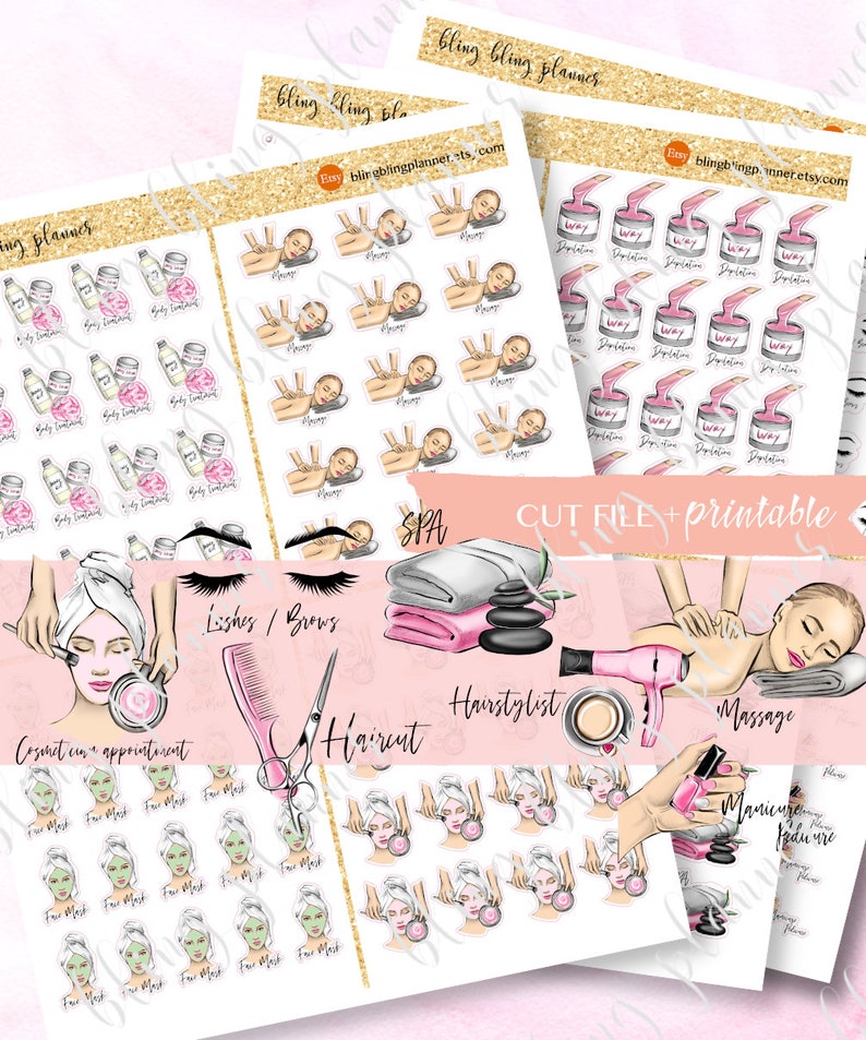 May include: A set of printable stickers for a spa or salon planner. The stickers feature illustrations of spa treatments, including facials, massages, hair styling, manicures, pedicures, and waxing. The stickers are designed in a pink and white color scheme with gold accents.