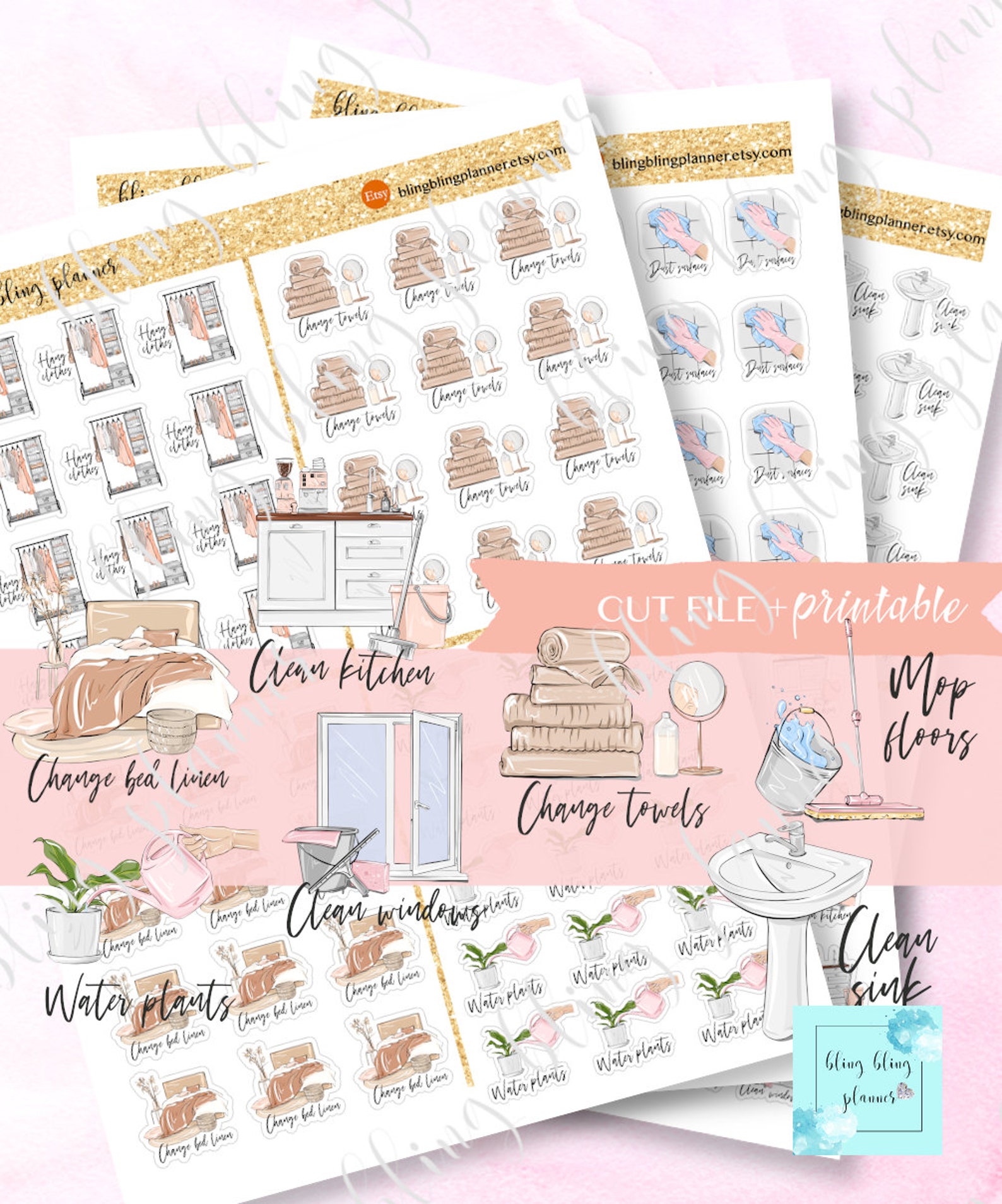 CLEANING PLANNER Stickers, Printable Household Stickers, Change Towel ...