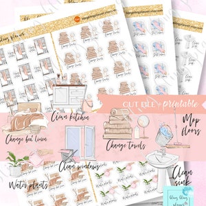 May include: Printable planner stickers with illustrations of household chores, including changing bed linens, cleaning windows, watering plants, changing towels, dusting, mopping floors, and cleaning the kitchen sink. The stickers are designed in a pink and gold color scheme with a handwritten font.