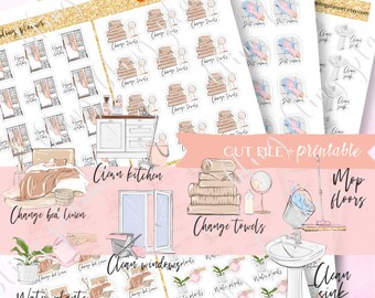 CLEANING PLANNER Stickers, printable household stickers, change towel sticker, change bed sheet sticker, clean toilet sticker, clean kitchen