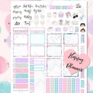 May include: A set of pink, blue, and gray planner stickers with floral and geometric designs. The stickers include phrases like "Just Relax", "Weekend", "Work Time", and "Happy Planner".