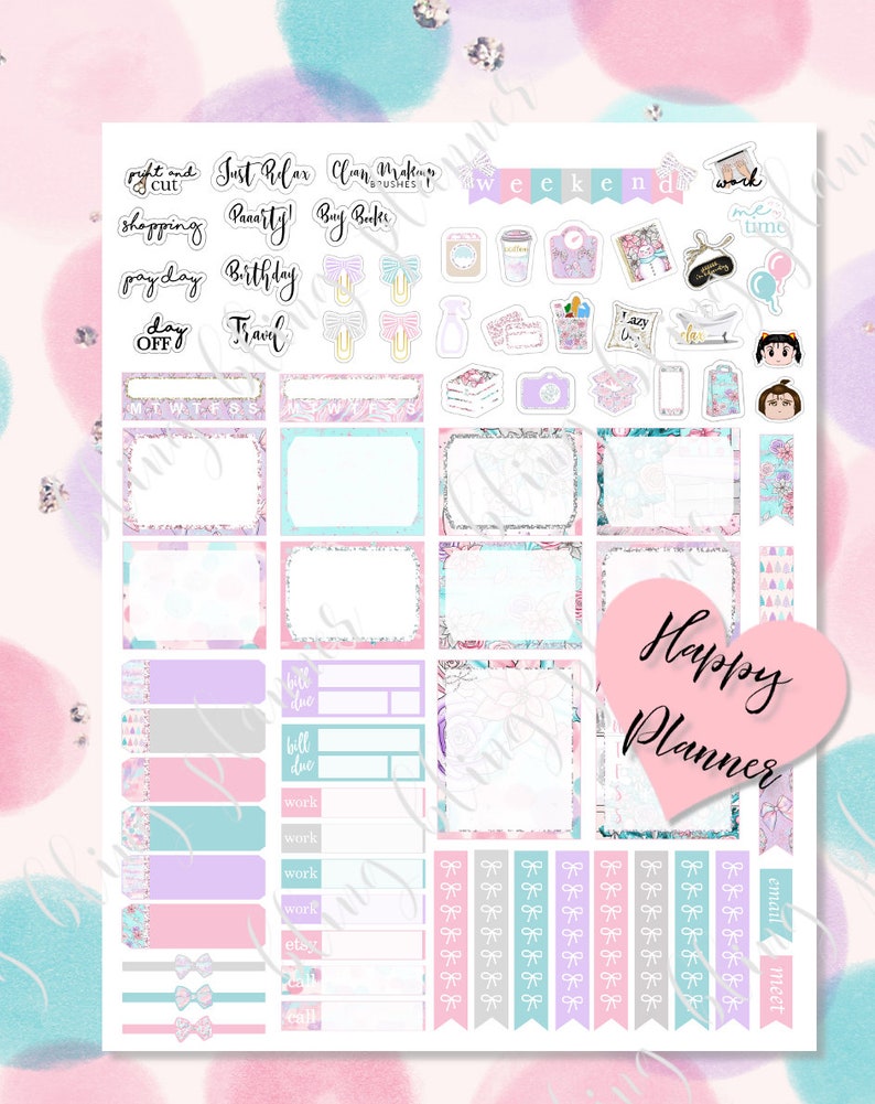 May include: A set of pink, blue, and gray planner stickers with floral and geometric designs. The stickers include phrases like "Just Relax", "Weekend", "Work Time", and "Happy Planner".