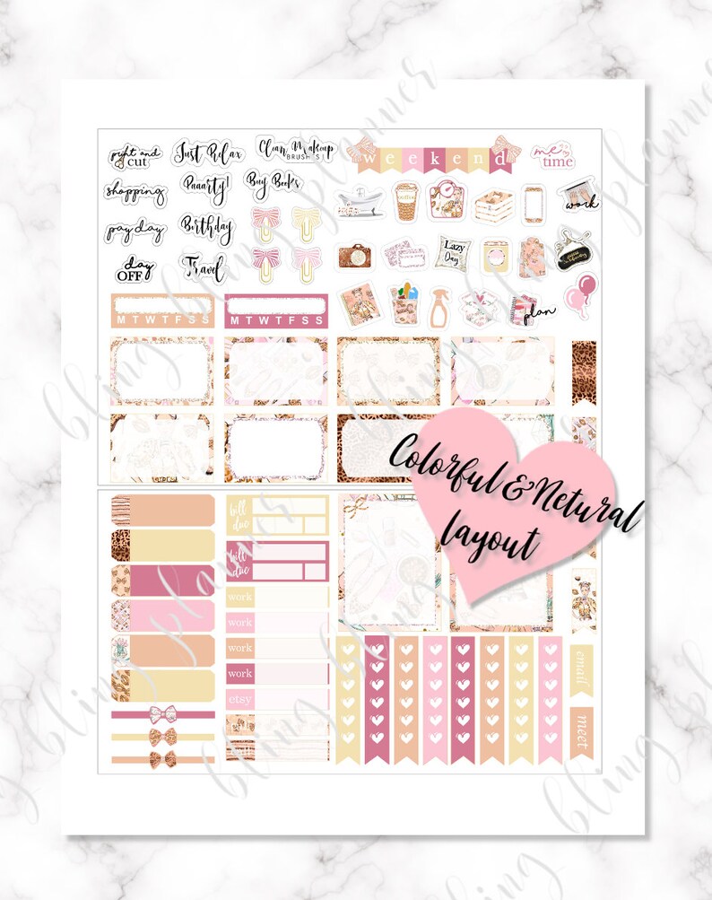 Puede incluir: Un conjunto de pegatinas de planificador imprimibles con un esquema de color rosa y dorado. Las pegatinas presentan varios dise&ntilde;os, incluidos patrones florales, lazos y texto como "Just Relax", "Weekend" y "Lazy Day".