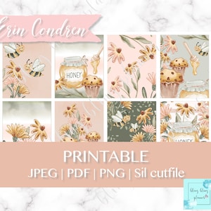 May include: Printable planner stickers featuring a honey pot, bees, flowers, and cupcakes in a watercolor style. The stickers are designed in a light pink, green, and yellow color scheme. The text "PRINTABLE" is displayed in a large font at the bottom of the image.