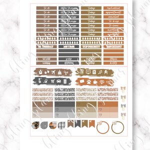 May include: A set of printable planner stickers with a fall theme. The stickers are in shades of brown, orange, and gray with glitter accents. The stickers include boxes, banners, and circles with various text and icons.