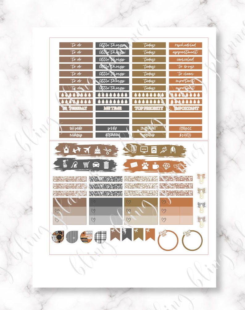 May include: A set of printable planner stickers with a fall theme. The stickers are in shades of brown, orange, and gray with glitter accents. The stickers include boxes, banners, and circles with various text and icons.