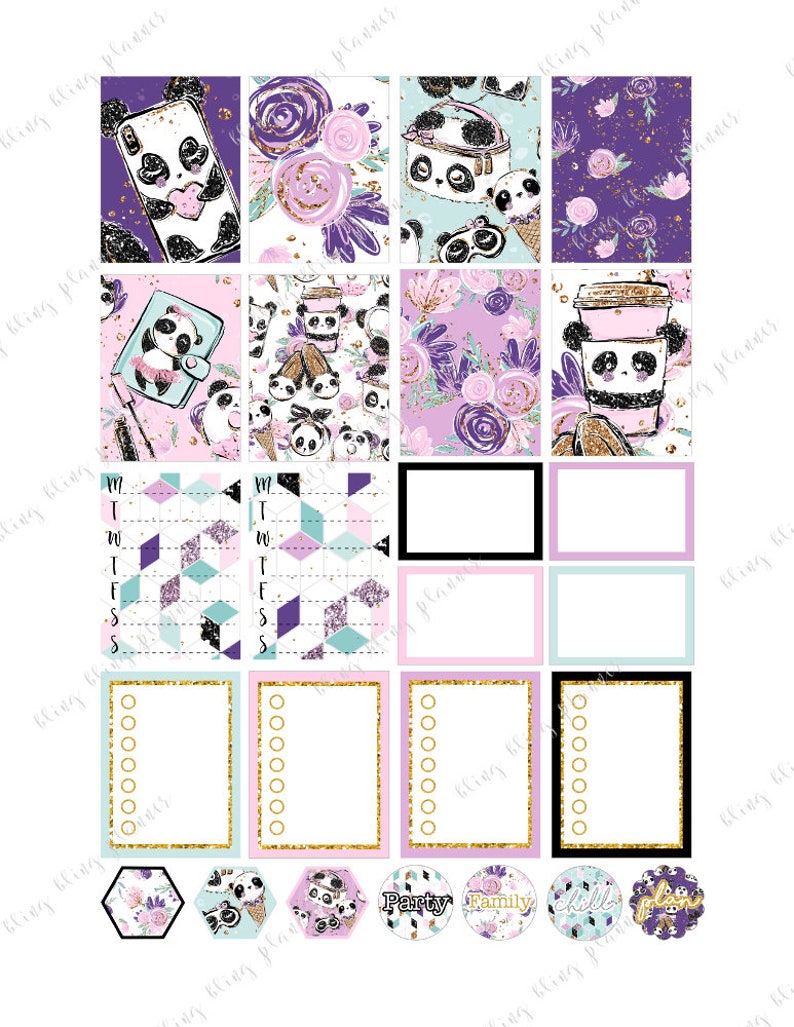 PANDA WEEKLY PLANNER kit, kawaii planner sticker kit, printable sticker kit, me time stickers, February planner set, panda planner stickers image 2