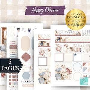 May include: A digital monthly planner kit featuring five pages of stickers with illustrations of books, a cat, and floral patterns. The set includes labels, date headers, and decorative elements in soft blue, pink, and cream tones with text.