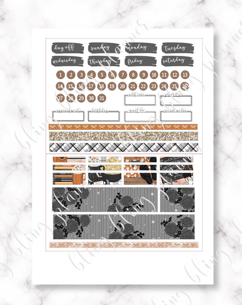 May include: A set of Halloween-themed planner stickers featuring a black and white floral pattern, a chalkboard with the words "Boo!" and "Trick or Treat", a witch's hat, a cauldron, and a stack of books. The stickers are on a white background with a gold glitter pattern.