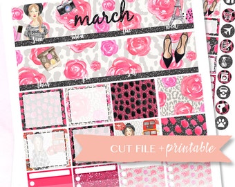 MARCH MONTHLY VIEW, March Monthly Kit, Printable Stickers, Printable Planner Sticker, Digital Planner Stickers, Planning Stickers, Fashion