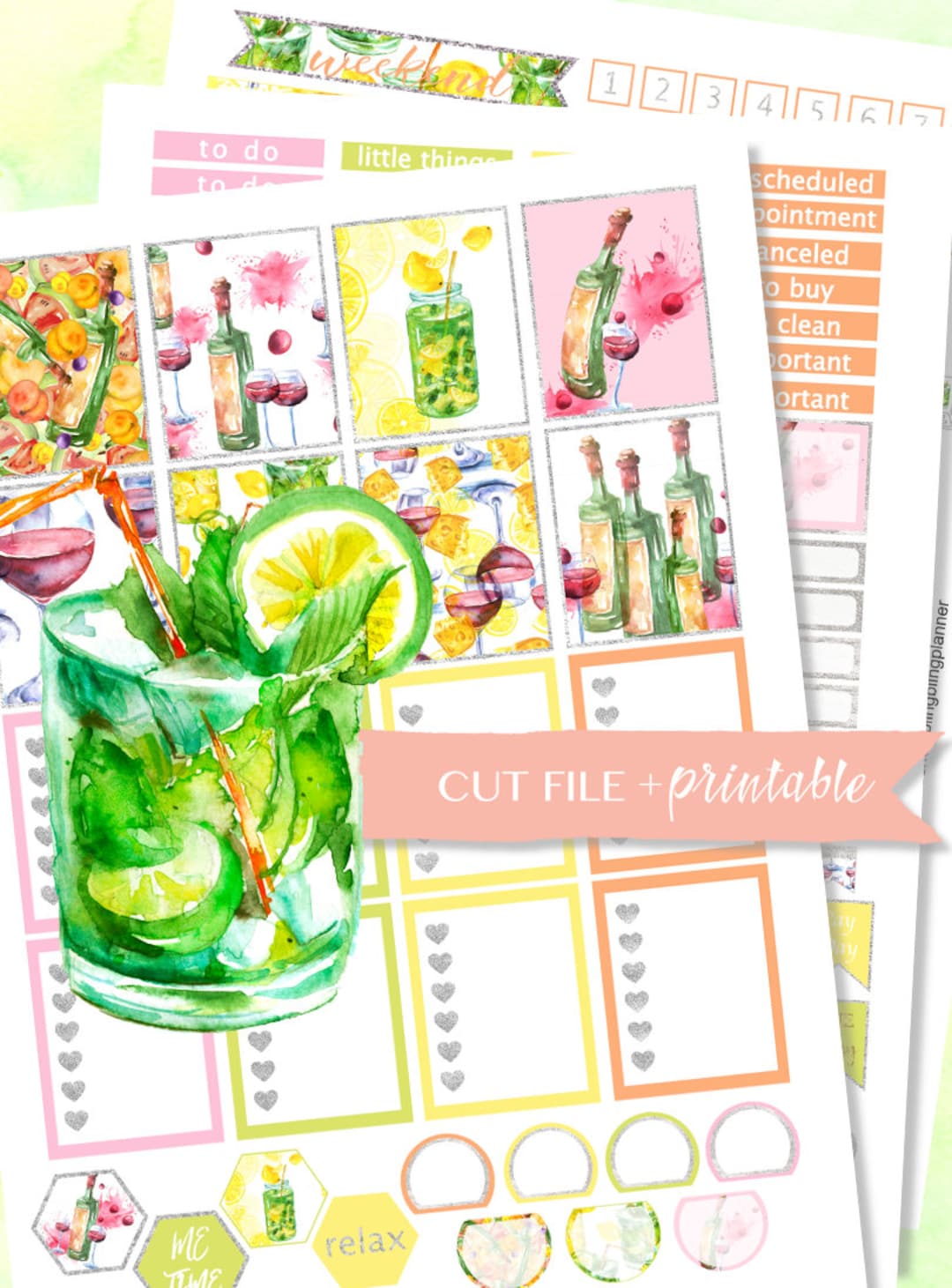 COCKTAIL PLANNER STICKERS, Summer Drink Stickers, Printable Weekly Kit, Digital Planner Stickers ...