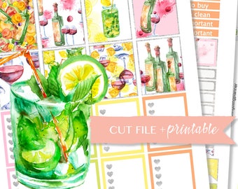 COCKTAIL PLANNER STICKERS, Summer drink stickers, printable weekly kit, digital planner stickers, summer sticker kit, ec inspired sticker