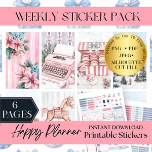 May include: A digital weekly sticker pack with a pink and blue theme. The image includes various illustrations such as a typewriter, flowers, and a rocking horse. Text includes "WEEKLY STICKER PACK", "Happy Planner", and "Printable Stickers".