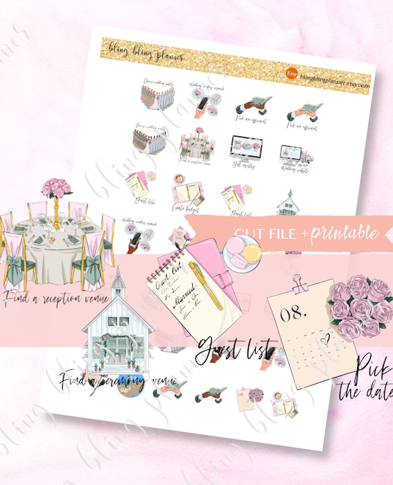 WEDDING PLANNING printable sticker, pick a date sticker, budget sticker, find venue sticker, wedding planner sticker, printable wedding plan