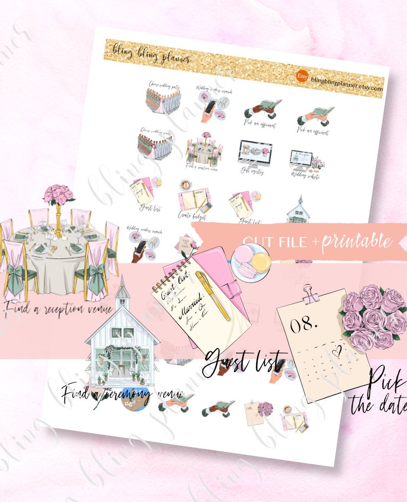 WEDDING PLANNING printable sticker, pick a date sticker, budget sticker, find venue sticker, wedding planner sticker, printable wedding plan image 1