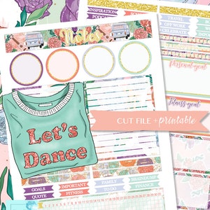 May include: A printable planner sticker sheet with a floral design. The sheet includes a variety of stickers, including a t-shirt with the text "Let's Dance", a calendar, and a notes section. The stickers are in shades of pink, green, and blue.