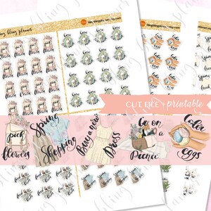 May include: A set of printable planner stickers with a spring theme. The stickers feature illustrations of flowers, eggs, a dress, a picnic basket, and the text "Spring Shopping", "Buy a new Dress", "Go on a Picnic", "Color Eggs", and "Pick Flowers".