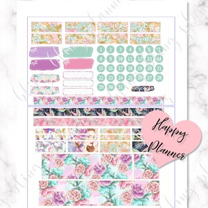 May include: A set of printable planner stickers featuring floral patterns, butterflies, and a woman's face. The stickers are in shades of pink, blue, and green. The text "Happy Planner" is written in a heart shape.