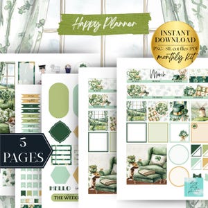 May include: A digital Happy Planner kit download with a St. Patrick's Day theme. The kit includes 5 pages of printable planner stickers and layouts. The design features green and gold accents, shamrocks, and watercolor illustrations.