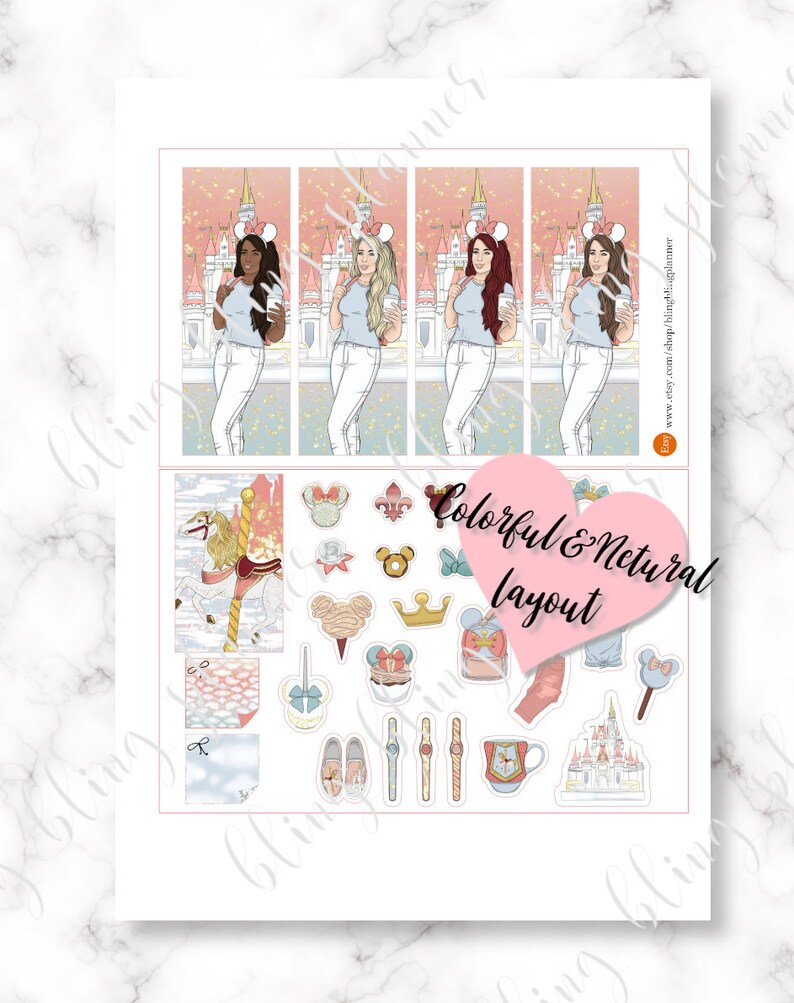 May include: A set of colorful Disney-themed planner stickers featuring a carousel horse, Mickey Mouse ears, a crown, a castle, and other whimsical designs. The stickers are perfect for adding a touch of magic to your planner or journal.