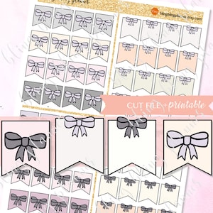 May include: A sheet of printable planner stickers featuring a variety of banners with bows in different colors. The banners are in shades of pink, gray, and beige. The text "bling bling planner" and "blingblingplanner.etsy.com" is visible on the sheet. The text "CUT FILE + printable" is also visible.