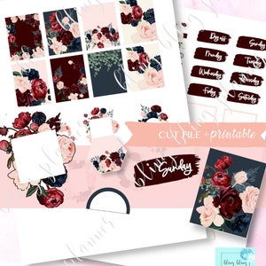 Può includere: Adesivi per planner stampabili con un design floreale in tonalità bordeaux, rosa e blu navy. Gli adesivi includono una varietà di forme e dimensioni, tra cui quadrati, cerchi ed esagoni. Il testo "CUT FILE + printable" e "Sunday" è incluso.