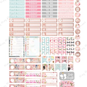 May include: A set of printable planner stickers with a floral theme. The stickers include various labels, such as "Little Things", "Today", "To Do", "To Buy", "Canceled", "Rescheduled", "Remember", "Date Night", and "Cinema". The stickers also include various icons, such as a coffee cup, a trash can, a car, a stethoscope, and a pair of scissors.