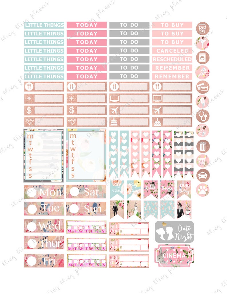May include: A set of printable planner stickers with a floral theme. The stickers include various labels, such as "Little Things", "Today", "To Do", "To Buy", "Canceled", "Rescheduled", "Remember", "Date Night", and "Cinema". The stickers also include various icons, such as a coffee cup, a trash can, a car, a stethoscope, and a pair of scissors.