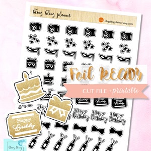 May include: A set of black and gold birthday party planner stickers. The stickers include a cake, presents, bow ties, champagne bottles, and the words "Happy Birthday".