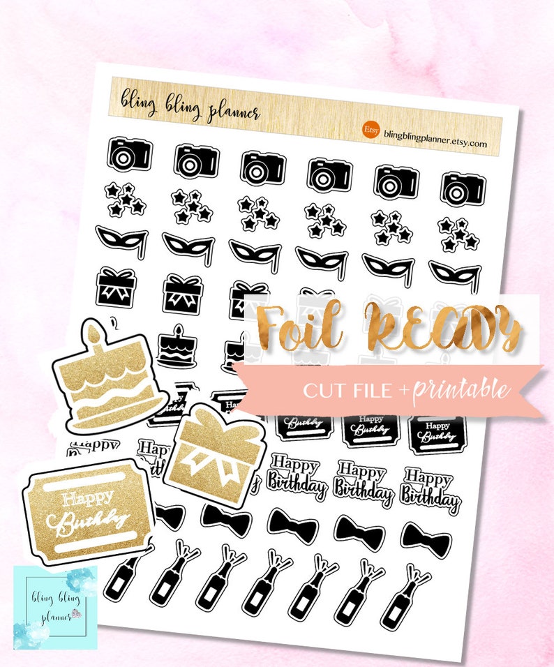 BIRTHDAY FOIL READY Stickers, Foil printable Stickers, birthday cake Planner Stickers, gold foil mask stickers, printable stickers, camera image 1