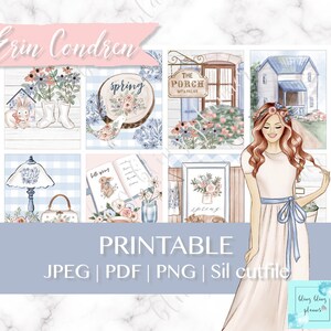 May include: A set of printable planner stickers featuring a blue and white color scheme with floral and spring-themed designs. The stickers include a house, a porch sign, a bird, a lamp, a book, a vase of flowers, and a woman with a floral crown.