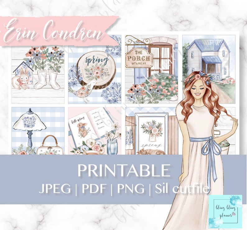 May include: A set of printable planner stickers featuring a blue and white color scheme with floral and spring-themed designs. The stickers include a house, a porch sign, a bird, a lamp, a book, a vase of flowers, and a woman with a floral crown.