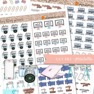 May include: A set of digital planner stickers featuring illustrations of a camera, laptop, typewriter, and other office supplies. The stickers are in a watercolor style with blue, pink, and gold accents. The text "bling bling planner" is included in the image.
