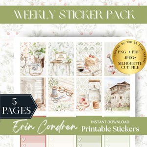 May include: A weekly sticker pack with watercolor illustrations. The design includes images of a camera, pancakes, a teapot, and a building. The text includes "WEEKLY STICKER PACK", "5 PAGES", and "Erin Condren Printable Stickers".