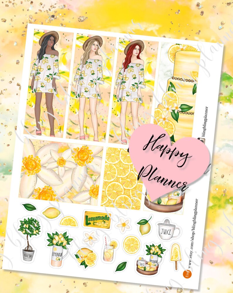 Puede incluir: Un conjunto de pegatinas imprimibles para planificadores con tem&aacute;tica de lim&oacute;n. Las pegatinas incluyen ilustraciones de mujeres con vestidos de estampado de lim&oacute;n, limones, limonada y un pastel de lim&oacute;n. El texto "Happy Planner" est&aacute; incluido en la imagen.