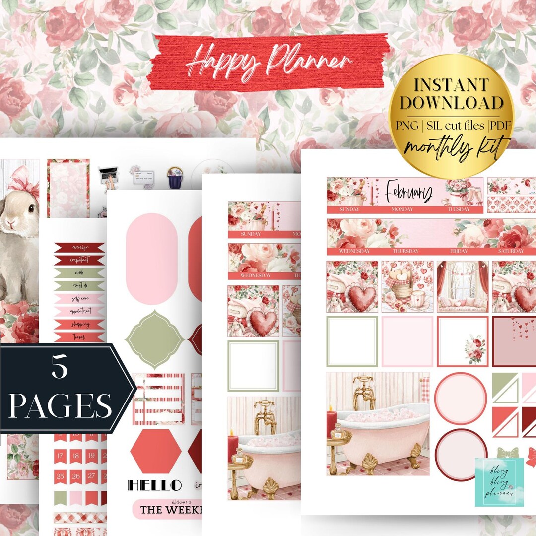 Valentine's Day Love Classic Happy Planner Printable Monthly Sticker ...