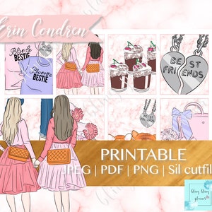 May include: Printable planner stickers featuring two women with purses, a pair of best friends necklaces, and a cup of coffee with whipped cream. The stickers are on a pink marble background with the text "Erin Condren" and "PRINTABLE" in gold.