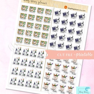 May include: A set of printable planner stickers featuring various designs, including a movie clapperboard, a glass of wine, and a grocery bag filled with produce. The stickers are white with black outlines and colorful details. The text "CUT FILE + printable" is visible in the image.