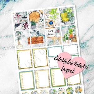 May include: A set of planner stickers featuring a cozy home theme with illustrations of plants, furniture, and geometric patterns. The stickers are on a white background with a marble texture. The text "Cozy Home" appears on two of the stickers. The text "Colorful & Natural Layout" appears on a pink heart-shaped sticker.