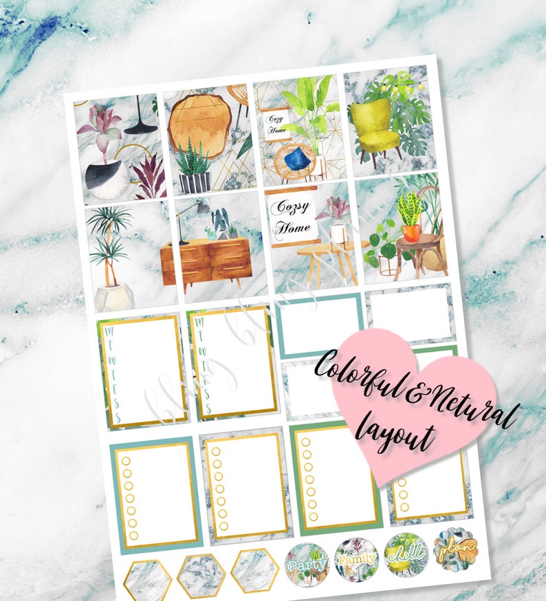 May include: A set of planner stickers featuring a cozy home theme with illustrations of plants, furniture, and geometric patterns. The stickers are on a white background with a marble texture. The text "Cozy Home" appears on two of the stickers. The text "Colorful & Natural Layout" appears on a pink heart-shaped sticker.